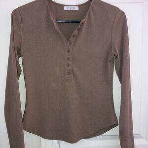 De Base Brown Taupe Long Sleeve Henley Top
